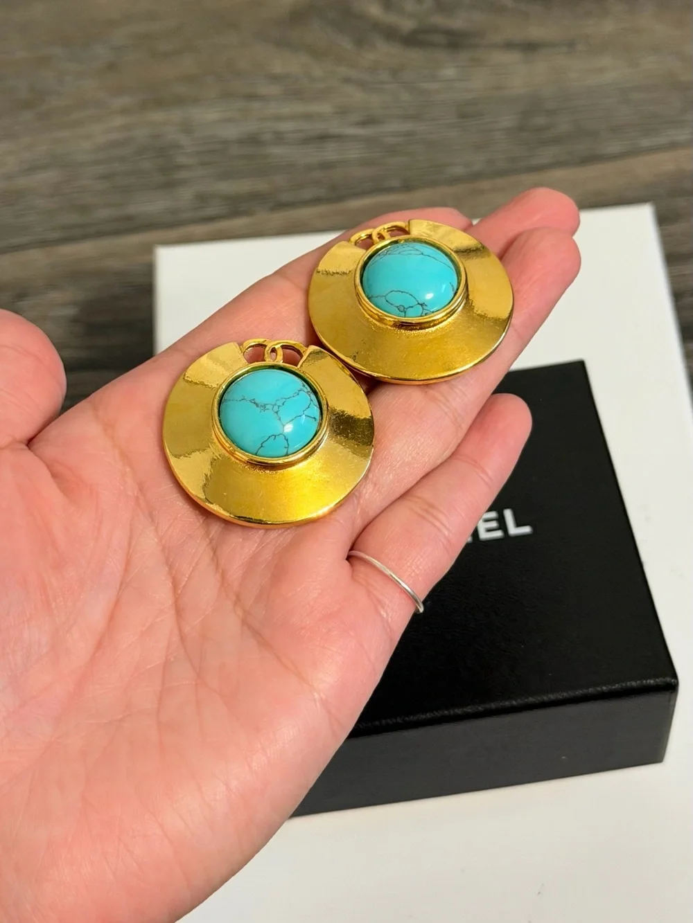 Chanel Vintage Gold Turquoise Stone CC Clip On Earrings